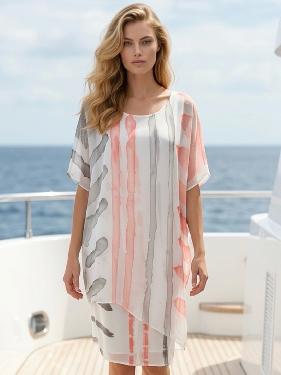 Marie Claire Boutiques Dresses & Skirts - 2 for $30 | White Midi Dress with Coral & Gray Watercolor Stripes